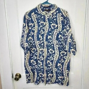 VTG Tommy Hilfiger Mens Shirt XL Blue Hawaiian Floral S/S Button Up Linen Blend